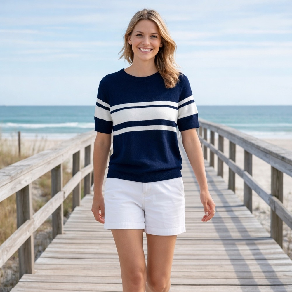Mersea Courte Blue White Stripe Short Sleeve Sweater L Coastal Nautical Preppy